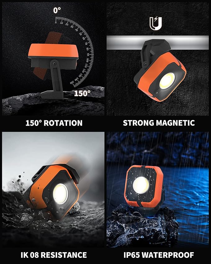Led Work Light with 4 Modes,1200LM Portable COB Magnetic Light,3350mAh Recharge Spotlight and Floodlight,150° Rotate IP65 Waterproof for Car Repair and Camping (2 Packs Without Hook)