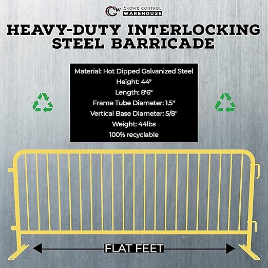 Angry Bull Barricades Heavy Duty Crowd Control Metal Interlocking Barricade with Flat No-Trip Feet - 8.5 Ft. (Safety Yellow) (20 Pack)