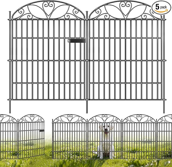 5 Panels No Dig Decorative Outdoor Garden Fence with Gate, 32 in(H) X 11.8 ft(L) Animal Barrier Fencing, Rustproof Portable Fence, Temporary Dog Fence Outdoor for Yard, Outside, Backyard