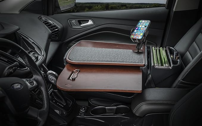 AutoExec GripMaster Car Desk for Your Vehicle Workstation and Mobile Office, Mahogany with 400 watt Power Inverter and Phone Mount