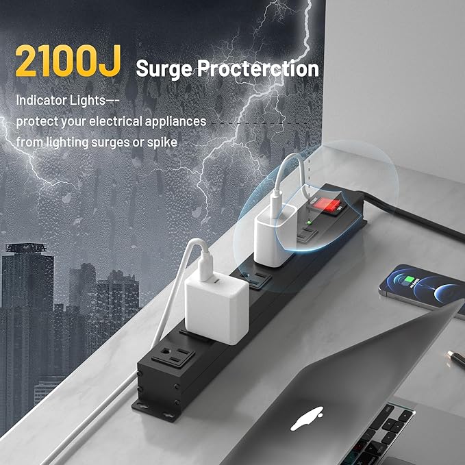 KF Matel 6 Outlet Power Strip Surge Protection 2100J,Heavy Duty Wide Space Power Strip with Flat Plug/Upgraded Switch,15A/1875W/14AWG 6FT Extension Cord in Home,Garage,Shop