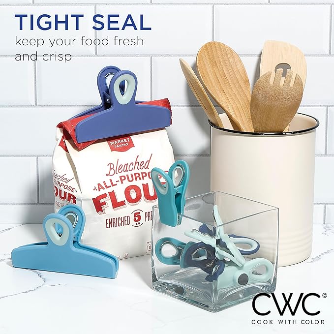 COOK WITH COLOR Bag Clips - Heavy Duty Chip Clip and Refrigerator Magnet Clips for Food Storage with Air Tight Seal Grip, Bright Blue, Pack of 8