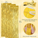 3 Pack 3.3x8.2 Feet Gold Foil Fringe Backdrop Curtains, Tinsel Streamers, Fringe Backdrop for 2025 New Years Eve, Graduation, Birthday, Baby Shower, Gender Reveal, Disco Party