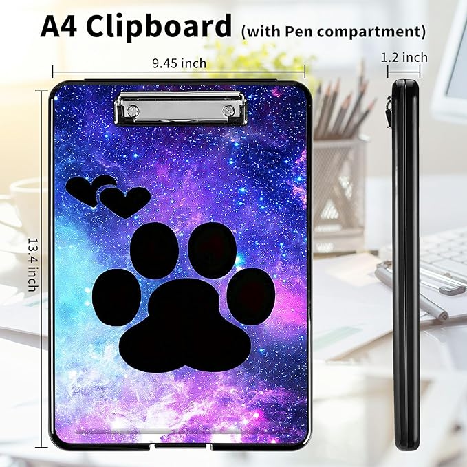 A4 Clipboards,Heavy Duty Waterproof Nursing Plastic Folder Clipboard with Storage Clip Boards,File Folder Storage Box Clipboard Case for Teacher,Doctor,Offices,Animals Dog Paws Galaxy