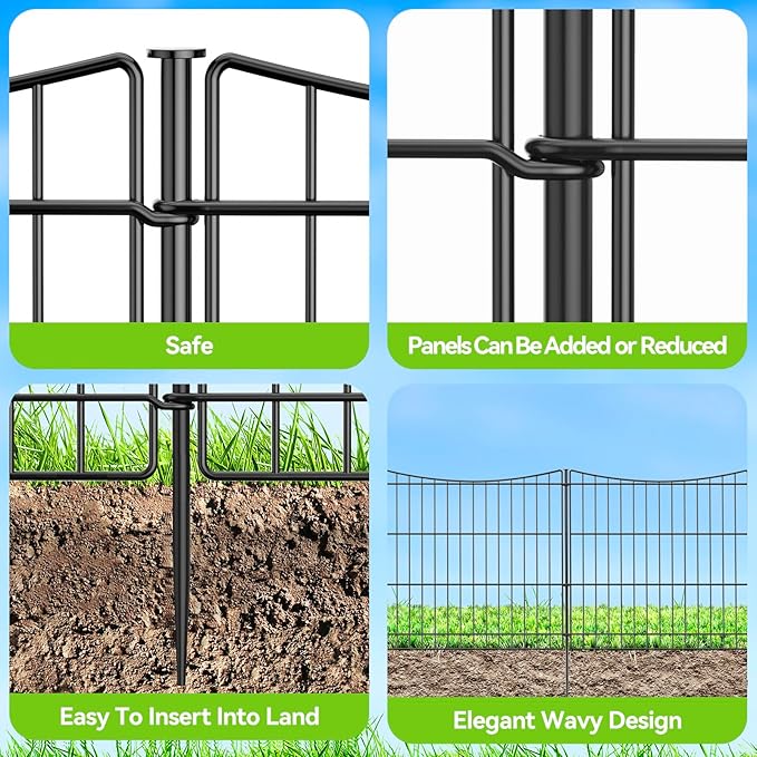 INJOPEXI Decorative Garden Fence 6 Panels 11.8ft(L)×24in(H) Garden Fences with 6 Panels Rustproof Metal Wire No Dig Temporary Animal Barrier Fencing Dog Fence for Yard Outdoor Patio - Without Gate