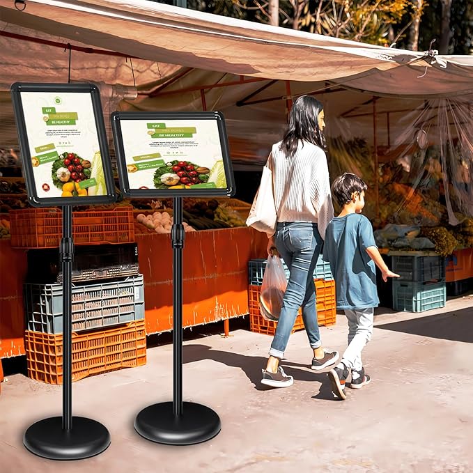 Adjustable Pedestal Sign Holder Stand 8.5''x11'', Floor Standing Poster Sign Stand, Aluminum Frame for Vertical/Horizontal View Sign Stand,Outdoor/Indoor Standing Sign Holders(Black, Round)