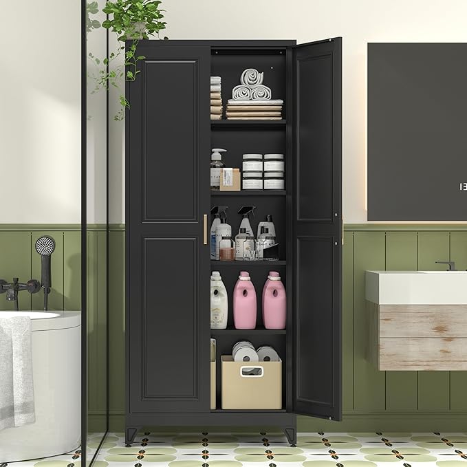 Kitchen Pantry Cabinet, 75" H Metal Storage Cabinet with Doors and Shelves, 4 Standing Feet, Cupboard for Kitchen, Dining, Living Room, 16" D x 32" W x 75" H, Black, Assembly Required