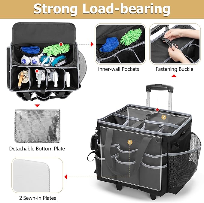 Large Cleaning Caddy with Detachable Trolley & Shoulder Strap, Cleaning Supplies Bag with Handles & Support Plates, Cleaning Product Rolling Organizer for Car Wash and Housekeeping