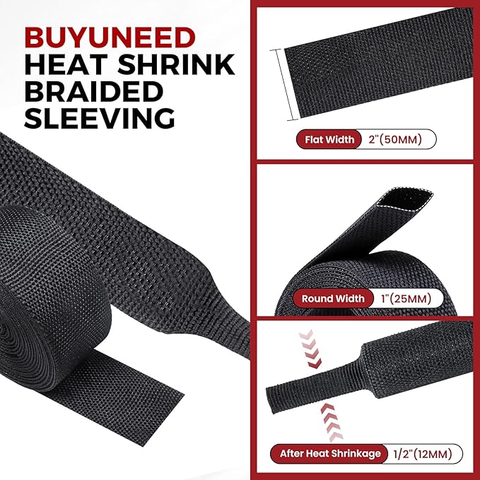 Heat Shrinkable Braided Sleeving 2:1 Ratio- Abrasion Protection Flexibility Wiring Harness Cable Sheath (1" ID, 12ft)