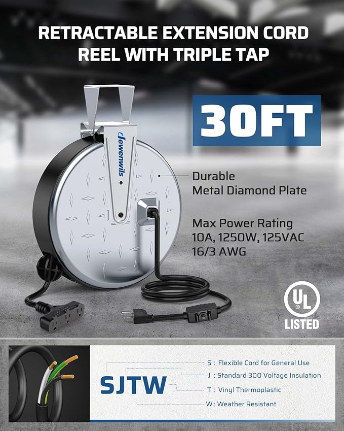 DEWENWILS 30 Ft Retractable Extension Cord Reel, Ceiling/Wall Mount 16/3 Gauge SJTW Power Cord with 3 Electrical Outlets Pigtail for Garage and Shop, 10 Amp Circuit Breaker, Metal Plate, UL Listed