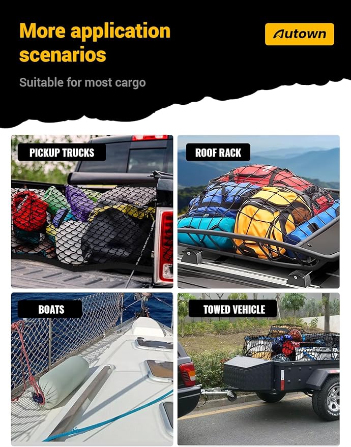 Cargo Net for Pickup Truck Bed - Stretchable 4'x4' to 7'x7', High Elastic Fine Mesh 1''x1'' with 8 Metal Carabiners - Ideal for ATV, SUV, UTV, Truck and Boat Use (Double Layer)