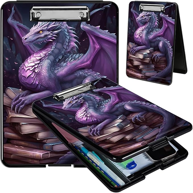 Clipboard with Storage, Hard Letter A4 Size Clip Board with Pen Holder & Paper Organizer, Heavy Duty Portable Writing Pad for Nurses Students Teachers Office Jobsite Contractor, Purple Dragon Book