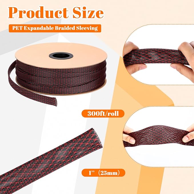 Pangda 1inchx300ft Wire Loom Pet Expandable Braided Sleeving Braided Sleeve for Tv, Computer, Home Theater(Black Red)