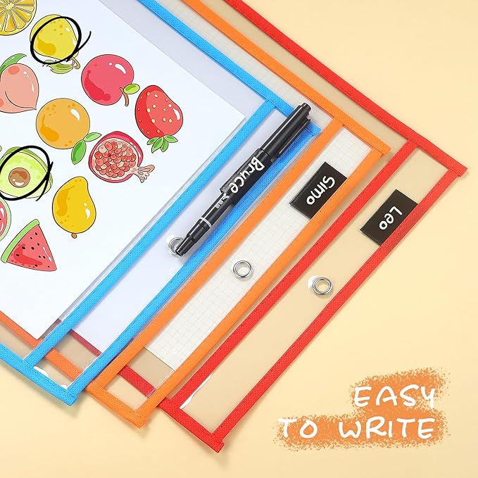 20 Pack Dry Erase Pockets with Rings, 10 x 14 Inch Ticket Holders Clear Plastic Sleeves Sheet Protectors for Teacher Classroom Sleeves, 10 Assorted Colors
