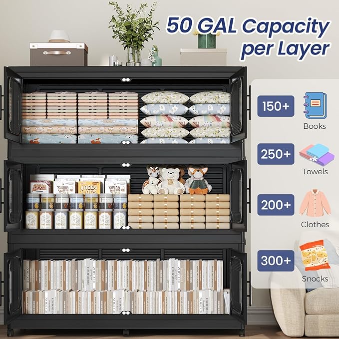 600QT Large Stackable Storage Bins with Lid, 150Gal Plastic Collapsible Closet Organizers Drawers Box with Wheels, Folding Cabinet Containers with Doors for Home Kitchen Office, 3Pack Black
