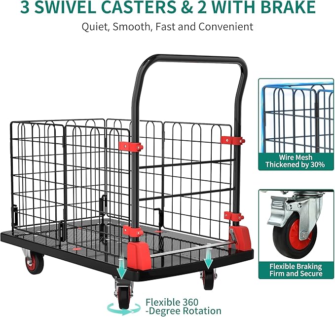 YITAHOME Platform Truck Cart with Cage, 42 x 26 in 1000LBS Capacity Folding Cart with Wheels,Heavy Duty Hand Moving Cart,Foldable Dolly Cart with Basket for Warehouse Luggage Moving