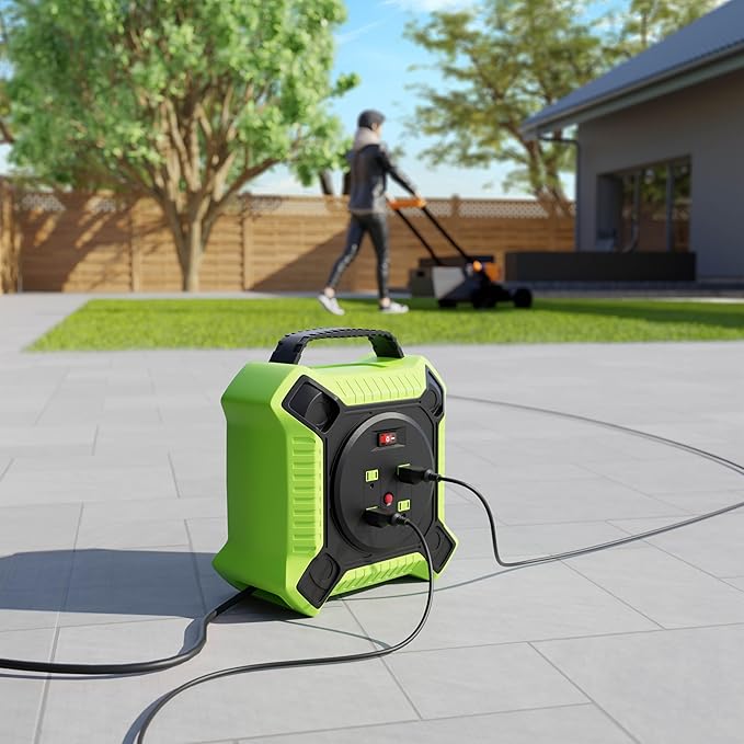 45 FT Retractable Extension Cord Reel Heavy Duty 14AWG/3C SJTW Power Cord Reel with 4 Electrical outlets for Garage and Shop, 10 Amp Circuit Breaker ETL Listed