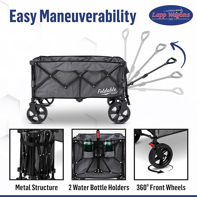 Lapp Wagons 39" Extra-Long Collapsible Folding Wagon Cart, Heavy-Duty 360 lb Utility Wagon with Wheels, Foldable Beach Wagon for Camping, Garden, Grocery, Sports, Outdoor Gear – Grey