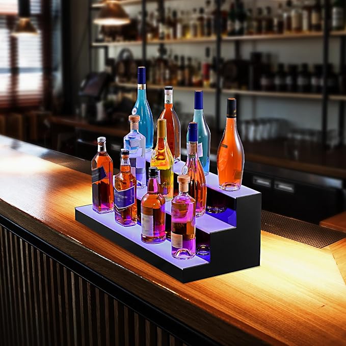 VEVOR LED Lighted Liquor Bottle Display, 3 Tiers 30 Inches, Supports USB, Illuminated Home Bar Shelf with RF Remote & App Control 7 Static Colors 1-4 H Timing, Acrylic Lighted Shelf for 24 Bottles