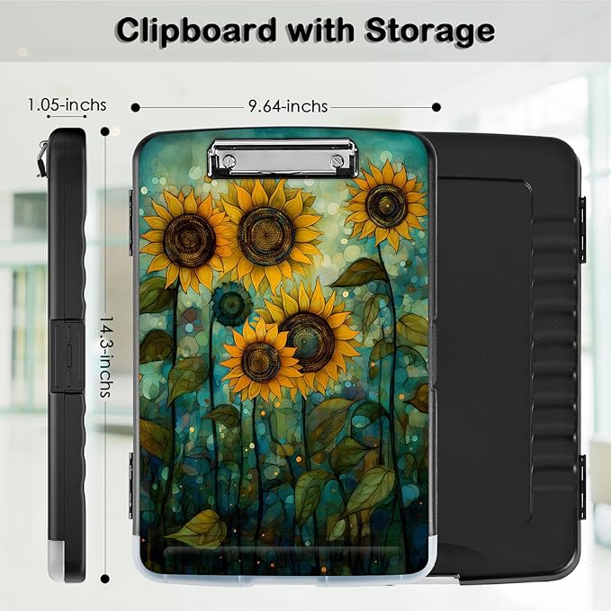 Clipboard with Storage,Office Supplies Nursing Clipboards Folder with Pen Holder Plastic Storage ClipBoard Foldable for Teacher Nurse,Art Sunflowers