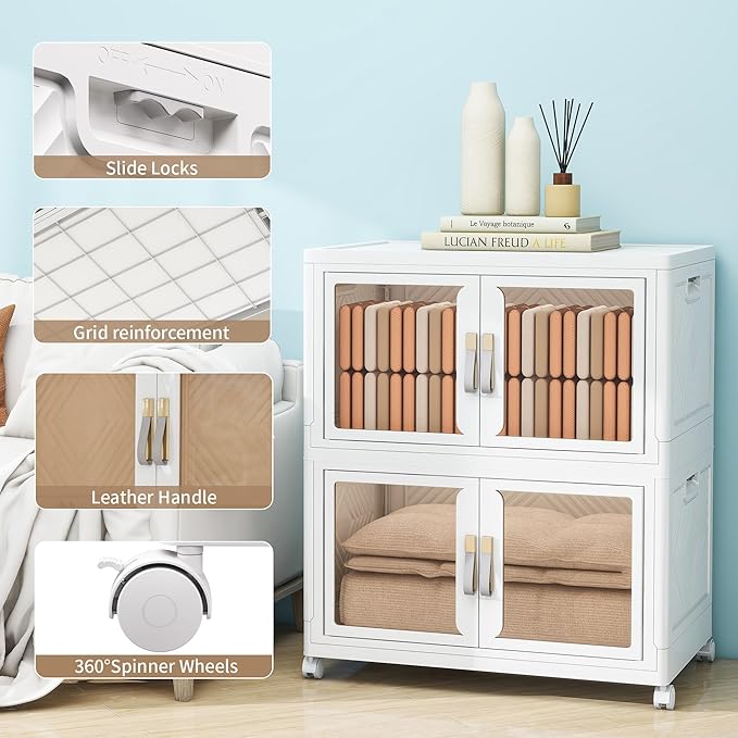 Large Clear Stackable Storage Bins with Lids, 314QT-157QT*2Tier Foldable Cabinet for Closet Organizers, Plastic Storage Box with Wheels White