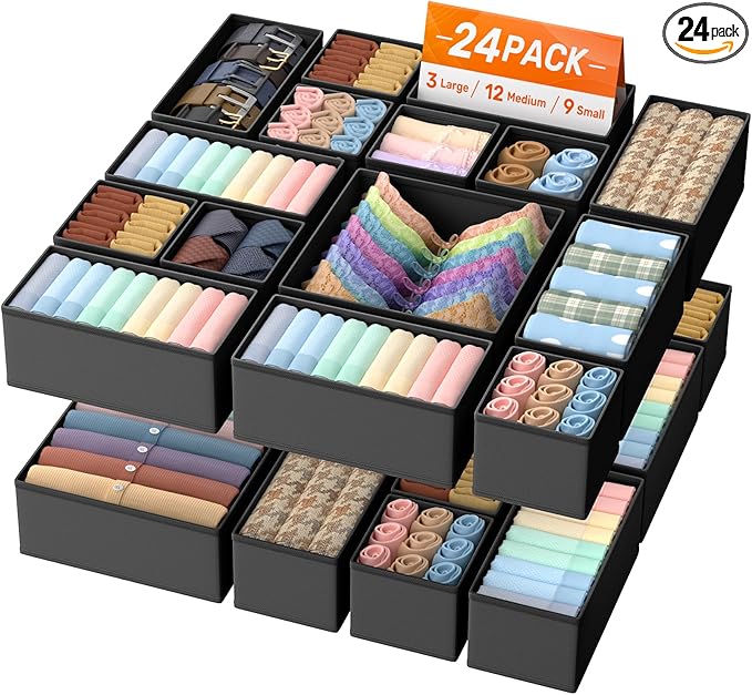 Drawer Organizer Clothes, 24 Pack Drawer Organizers and Underwear Organizer for Nursery, Dividers Clothes Organizer, Closet Organization and Foldable Storage Bins for Sock, Bra, Tie, Black