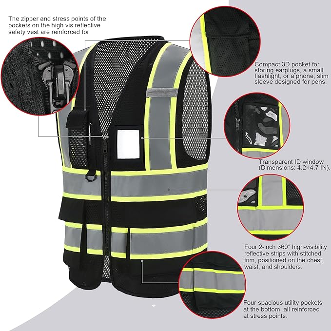 A-SAFETY Mesh High Vis Vest Lightweight Reflective Construction Vest with Pockets Safety Vest for Men/Women
