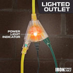 Iron Forge Cable 100ft Outdoor Extension Cord, Lighted with 3 Electrical Power Outlets - 12/3 Gauge SJTW Heavy Duty Extension Cable, Yellow, 15 AMP - 3 Pronged with Grounded Plug for Improved Safety