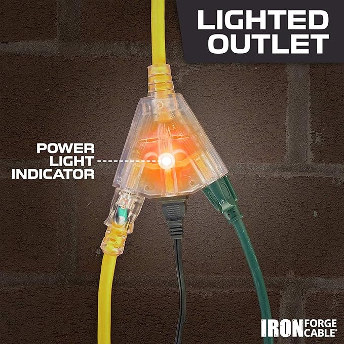 Iron Forge Cable 100ft Outdoor Extension Cord, Lighted with 3 Electrical Power Outlets - 12/3 Gauge SJTW Heavy Duty Extension Cable, Yellow, 15 AMP - 3 Pronged with Grounded Plug for Improved Safety