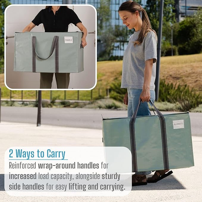VENO 4 Pack Moving Bags and Large Christmas Storage Bins with lids. Alternative to Moving Boxes, Packing Supplies for College. Extra Large Heavy Duty Totes for Packaging (Shiny Light Green, 4 Pack)
