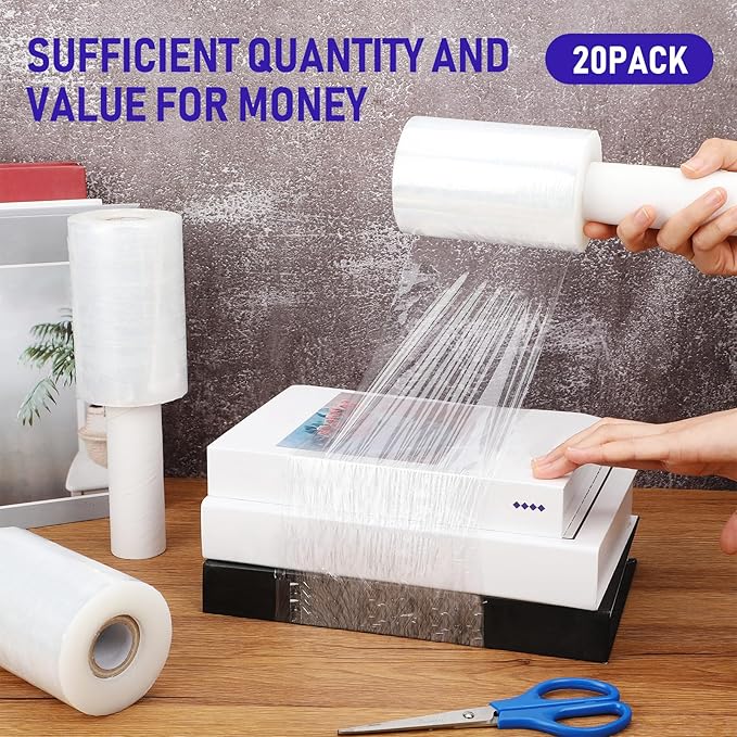 Sherr 20 Pack 5 Inch Stretch Shrink Film Roll Clear Plastic Wrap for Moving Packing with Handle 800 Feet 80 Guage Thick Industrial Self-adhering for Packaging Furniture Luggage Supplies
