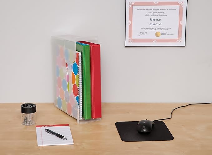 IRIS USA Small Portable Desktop File Box with Open Top, Side Handles, Hanging File Folders, Tabs & Inserts, Letter Size, For Magazines Newspapers Mail Books Notebooks Binder Homework, Clear