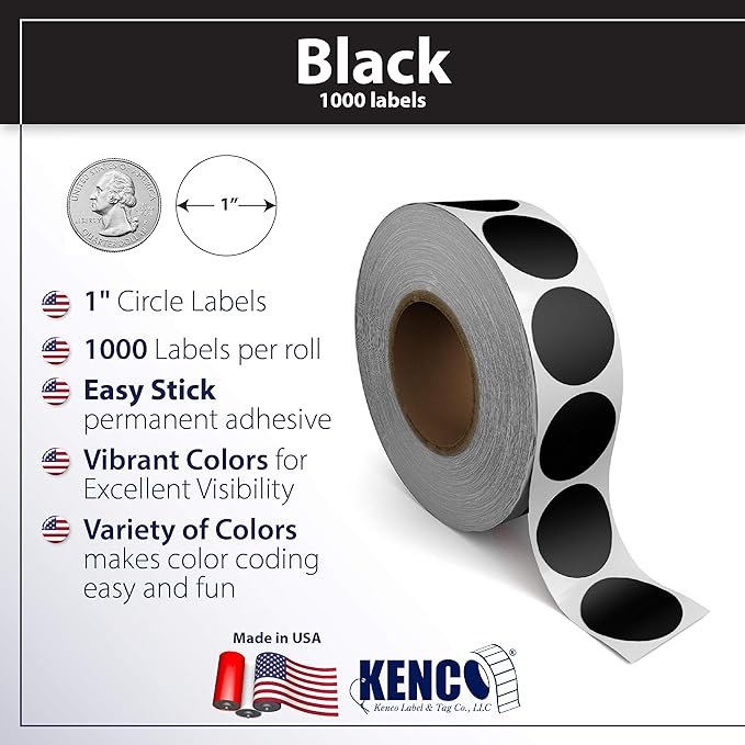 Kenco Color Coding Circle Dot Sticker Labels on a roll (Black, 1 INCH 1000 Stickers)