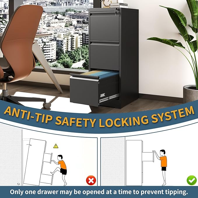 3 Drawer File Cabinet with Lock, Vertical Filing Cabinets for Home Office, Metal Storage Cabinets, Heavy Duty File Cabinet for Letter/Legal/A4/F4 Size Amssebly Required, Black