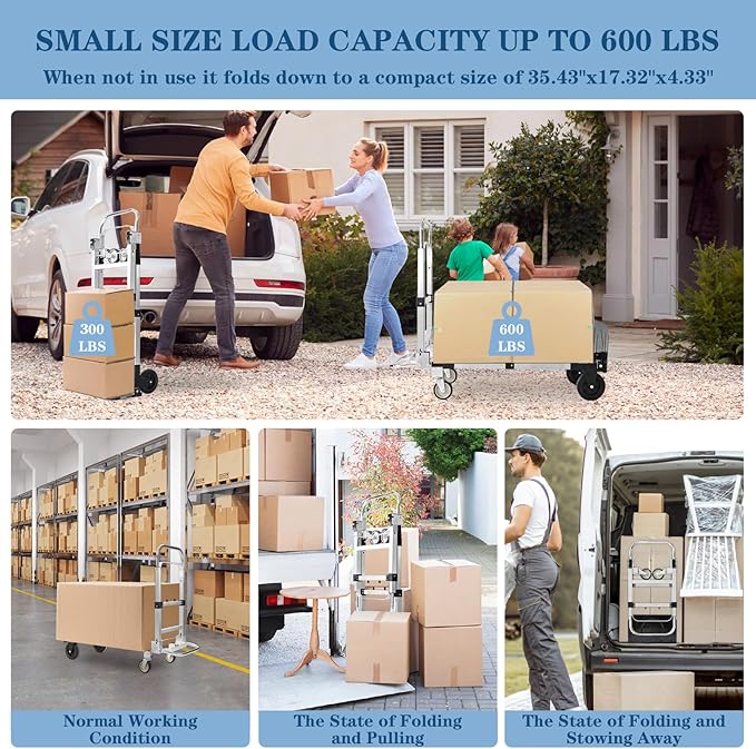 600-Pound 4-Wheel Folding Hand Truck/Cart, Heavy-Duty with Adjustable Height & Length, for Industrial Use and Home Moving