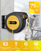 75 FT Retractable Extension Cord Reel, Heavy Duty Power Cord, 14AWG/3C SJTOW, 3 Grounded Outlets Lighted Triple Tap, 10A Circuit Breaker, Wall/Ceiling Mounted, ETL Listed, Yellow Y75ACR06