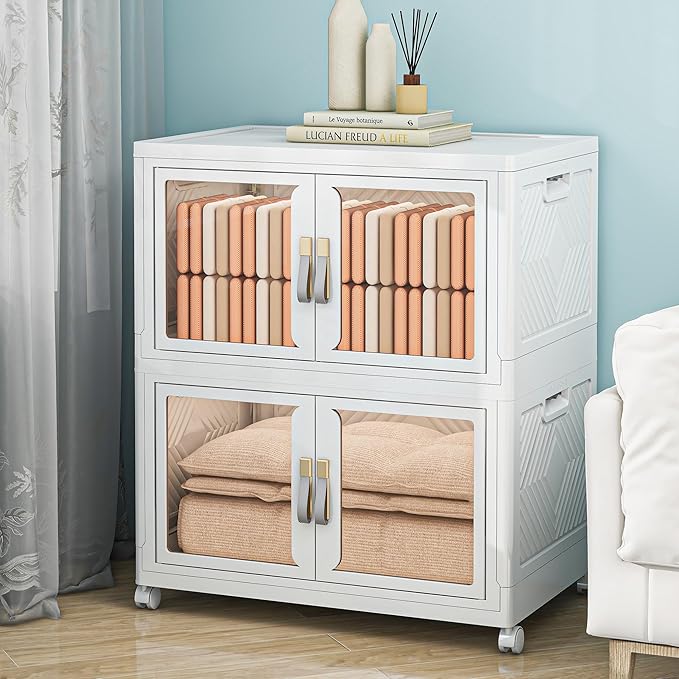 Large Clear Stackable Storage Bins with Lids, 314QT-157QT*2Tier Foldable Cabinet for Closet Organizers, Plastic Storage Box with Wheels White