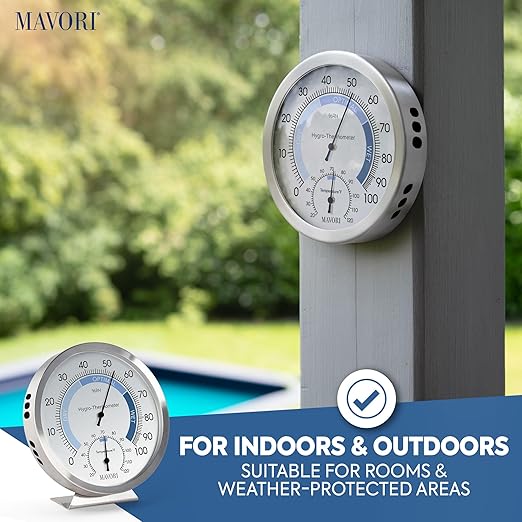 Analog Hygrometer – Thermometer Hygrometer for Indoor – Premium Stainless Steel Humidity Gauge Indicator – Temperature and Humidity Monitor – Battery Free Operation – Ø 12.5 cm