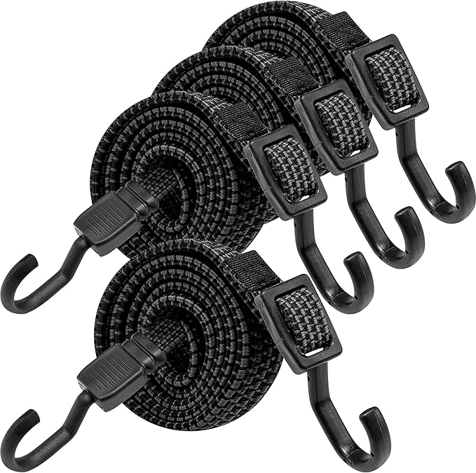 Bungee Cords with Hooks Heavy Duty, Flat Adjustable Bungee Cords with Hooks 60 Inch, Rubber Black Bungee Straps with Buckle Hooks for Outdoor, Camping, Tarps, Bike Rack, Tent, Truck, 4 Pack