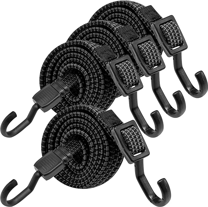 Bungee Cords with Hooks Heavy Duty, Flat Adjustable Bungee Cords with Hooks 80 Inch, Rubber Black Bungee Straps with Buckle Hooks for Outdoor, Camping, Tarps, Bike Rack, Tent, Truck, 4 Pack
