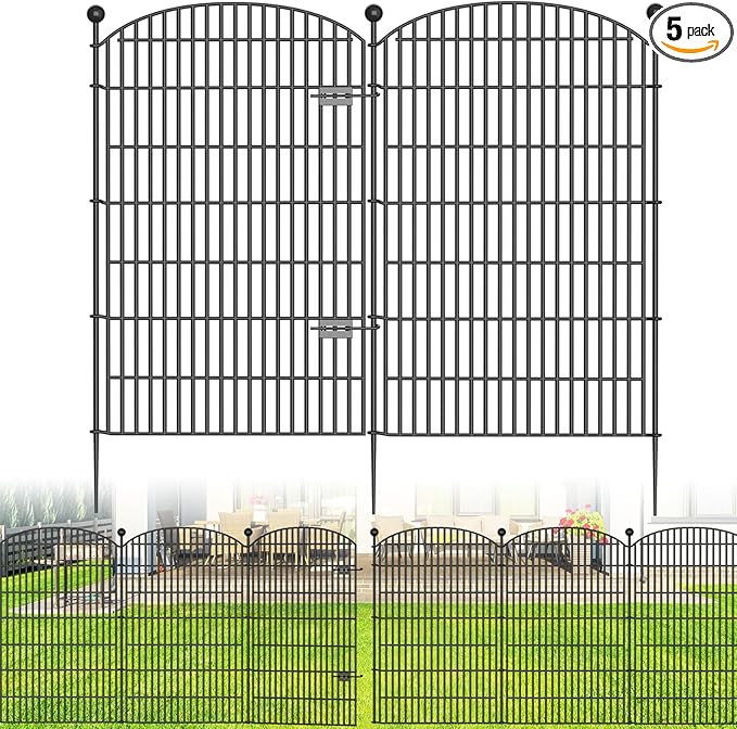 No Dig Decorative Garden Fence 5 Panels with Gate, 48 in (H) x 13 ft (L), Dog Fence Outdoor for Yard，Rustproof Metal Animal Barrier Ground Stakes Fencing for Garden, Patio, Flower Bed
