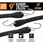 Rubber Bungee Cords with Hooks 25 Pack 9 Inch (14” Max Stretch) Heavy-Duty Black Tie Down Straps for Outdoor, Tarp Covers, Canvas Canopies, Motorcycle, and Cargo - by Xpose Safety