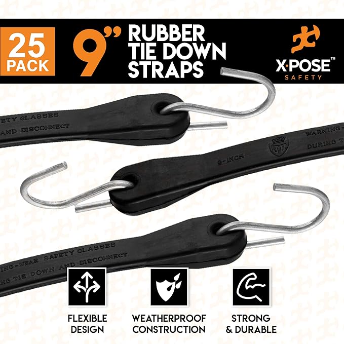 Rubber Bungee Cords with Hooks 25 Pack 9 Inch (14” Max Stretch) Heavy-Duty Black Tie Down Straps for Outdoor, Tarp Covers, Canvas Canopies, Motorcycle, and Cargo - by Xpose Safety