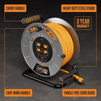 Masterplug 100ft Cord Reel, Metal Cable Drum, Retractable Extension Lead with Winding Handle, Safety Overload Circuit Breaker and Power Switch, 4x Grounded Outlets, 15amps, 12AWG Cable