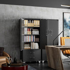 Aobabo Upgraded Metal Garage Storage Cabinet with Wheels and 2 Drawers, Lockable Rolling Tools Cabinet with Pegboards and Hooks,Assembly Required,Black
