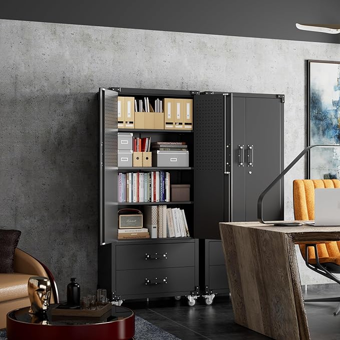 Aobabo Upgraded Metal Garage Storage Cabinet with Wheels and 2 Drawers, Lockable Rolling Tools Cabinet with Pegboards and Hooks,Assembly Required,Black