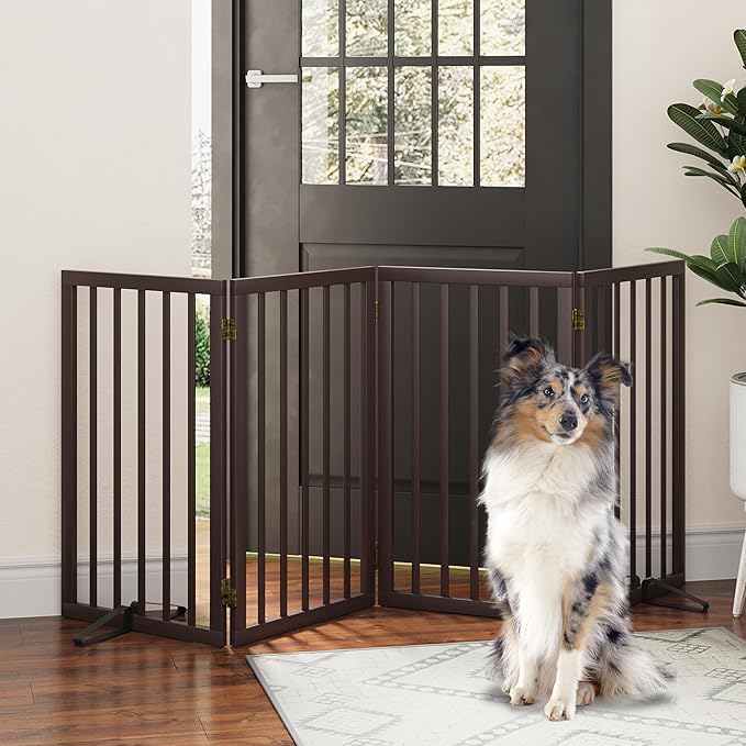 Dog Gates for Doorways, Tall Dog Gate Indoor, Foldable Pet Gates for Doorways Bedroom, Freestanding Puppy Gate with Metal Support Feet, Room Divider, 4 Panels (Brown)