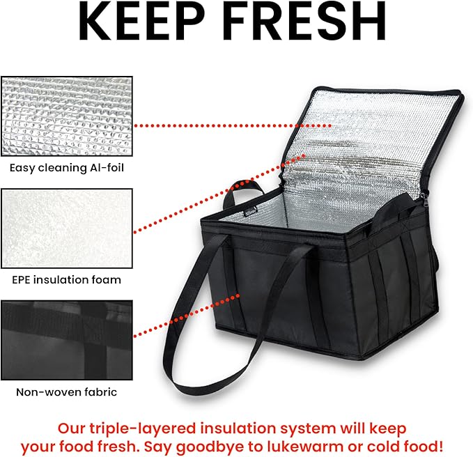 NZ home Insulated Cooler Bag and Food Warmer (Large, 2 pack) for Food Delivery & Grocery Shopping with Zippered Top, Black