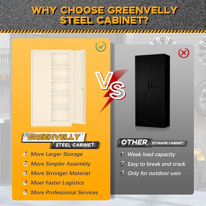 Greenvelly Metal Garage Storage Cabinet with 2 Doors and 4 Adjustable Shelves, 72”H Steel Lockable Storage Cabinet,Tall Metal Cabinet Locking File Cabinet for Office,Home, Garage, Gym, School