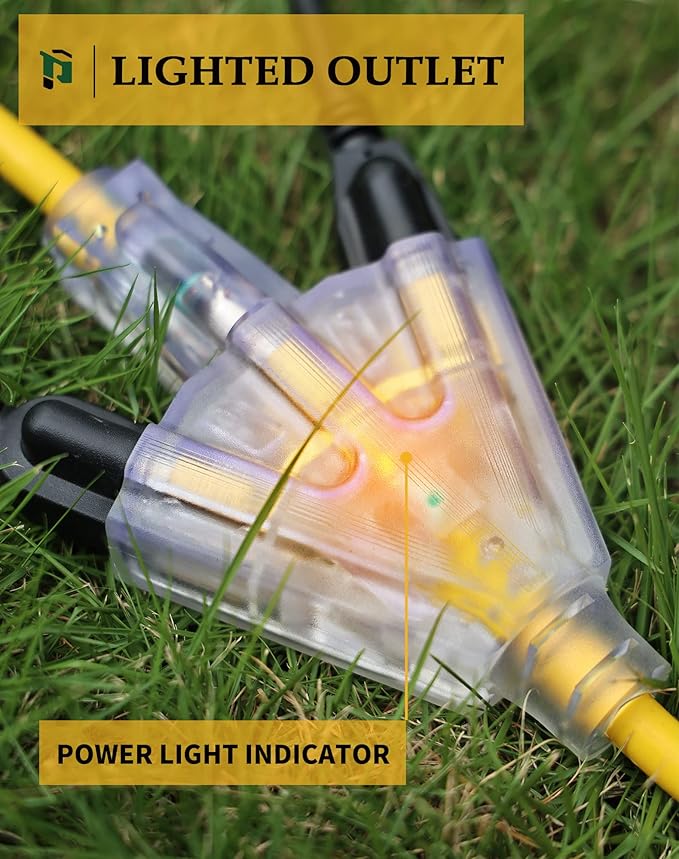 10Ft 12 Gauge Outdoor Extension Cord with 3-Outlets, Heavy Duty 3 Prong Extension Cord Waterproof with Lighted end, 15A SJTW, ETL Listed, Yellow